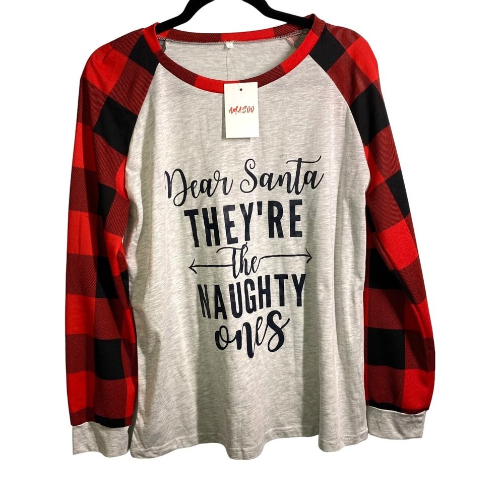 Amasoo holiday Christmas long sleeve tee plaid red, black, gray women's XL